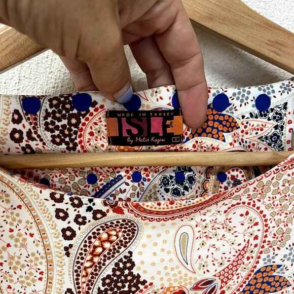 Isle by Melis Koran Blue & Orange Paisley Summer Dress sz Small - Picture 3 of 5